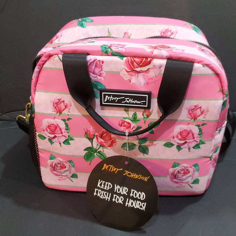 Betsey Johnson pink roses floral print insulated top handle lunch tote new